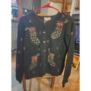 Vintage Talbots Lambswool Black Cardigan W/ Christmas Stockings & Holly Womens M